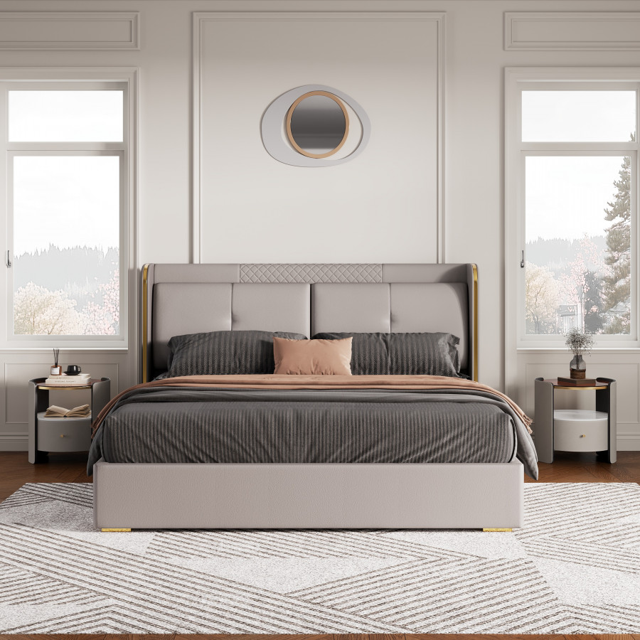 HMR Wingback Bed Headboard & 2 Nightstands Set with Wireless Charger - Light Gray, Queen, Style B