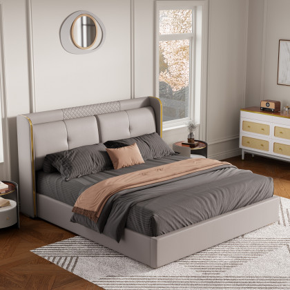 HMR Wingback Bed Headboard & 2 Nightstands Set with Wireless Charger - Light Gray, Queen, Style B