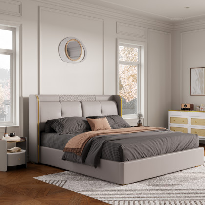 HMR Wingback Bed Headboard & 2 Nightstands Set with Wireless Charger - Light Gray, Queen, Style B