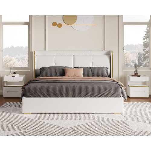 HMR Wingback Bed Headboard & 2 Nightstands Set with Wireless Charger - Off-White, Queen, Style A
