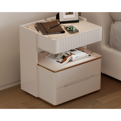 HMR Wingback Bed Headboard & 2 Nightstands Set with Wireless Charger - Off-White, Queen, Style A
