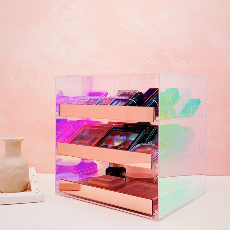 HMR - Iridescent & Clear Makeup Organizer Cosmetic Rack Desk Storage Display Box with Drawers