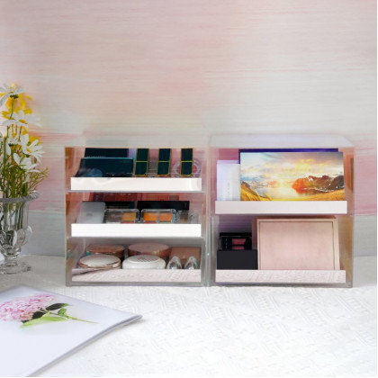 HMR - Iridescent & Clear Makeup Organizer Cosmetic Rack Desk Storage Display Box with Drawers