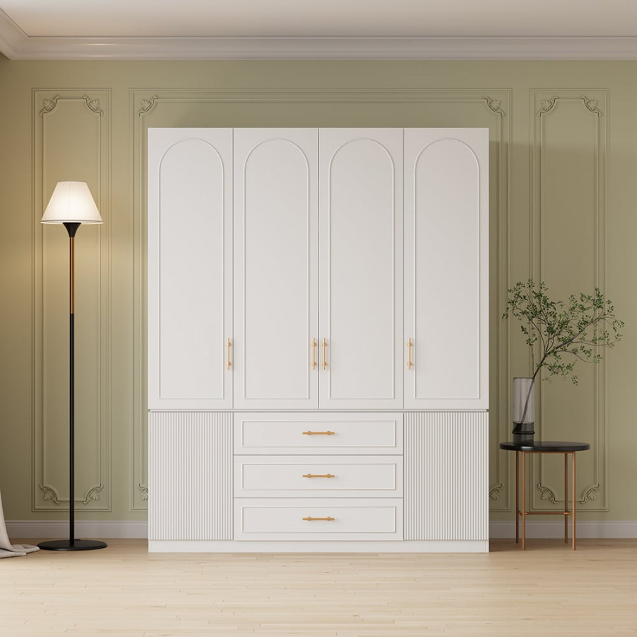HMR - Modern Luxury White Wide Armoire Clothes Cabinet with 3 Drawers & 6 Doors