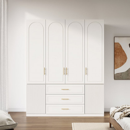 HMR - Modern Luxury White Wide Armoire Clothes Cabinet with 3 Drawers & 6 Doors