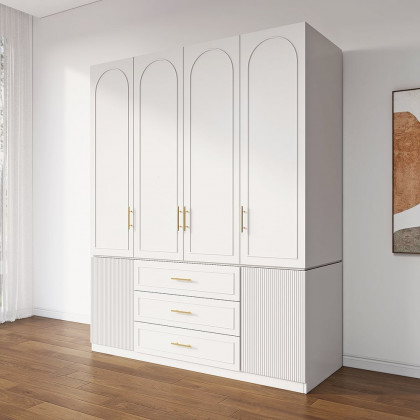 HMR - Modern Luxury White Wide Armoire Clothes Cabinet with 3 Drawers & 6 Doors