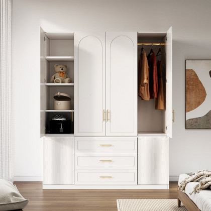 HMR - Modern Luxury White Wide Armoire Clothes Cabinet with 3 Drawers & 6 Doors