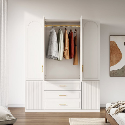 HMR - Modern Luxury White Wide Armoire Clothes Cabinet with 3 Drawers & 6 Doors