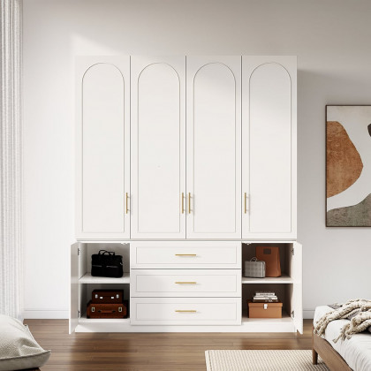 HMR - Modern Luxury White Wide Armoire Clothes Cabinet with 3 Drawers & 6 Doors