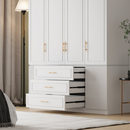 HMR - Modern Luxury White Wide Armoire Clothes Cabinet with 3 Drawers & 6 Doors