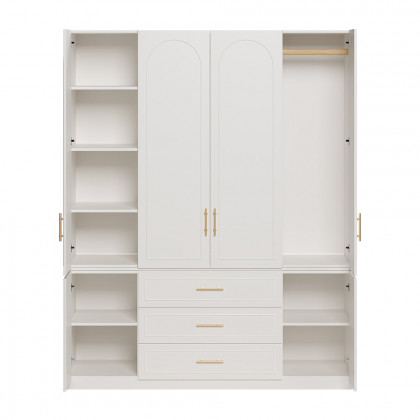 HMR - Modern Luxury White Wide Armoire Clothes Cabinet with 3 Drawers & 6 Doors