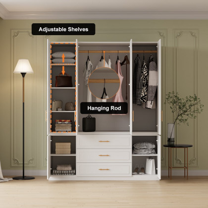 HMR - Modern Luxury White Wide Armoire Clothes Cabinet with 3 Drawers & 6 Doors