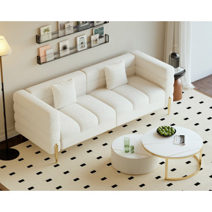 HMR Aurora 79" Fluted Sofa with Gold Legs & Pillows - White, Boucle