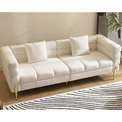 HMR Aurora 79" Fluted Sofa with Gold Legs & Pillows - White, Boucle