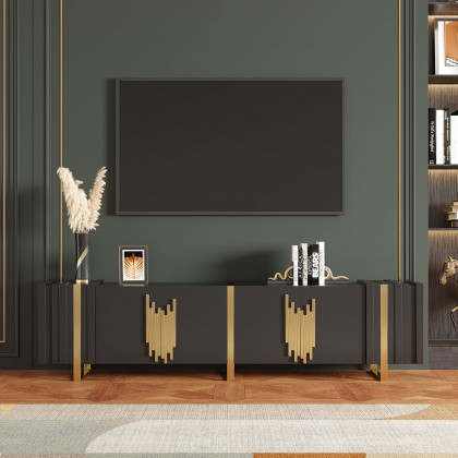 HMR - Aurea 78.7" Light Luxury TV Stand Black Rectangular with 4 Doors & 2 Shelves in Gold