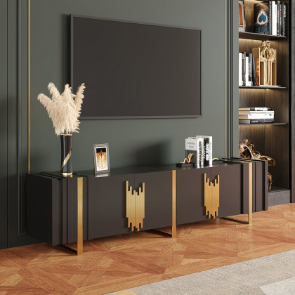 HMR - Aurea 78.7" Light Luxury TV Stand Black Rectangular with 4 Doors & 2 Shelves in Gold