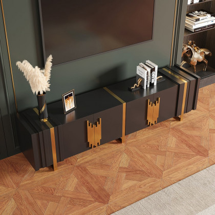 HMR - Aurea 78.7" Light Luxury TV Stand Black Rectangular with 4 Doors & 2 Shelves in Gold