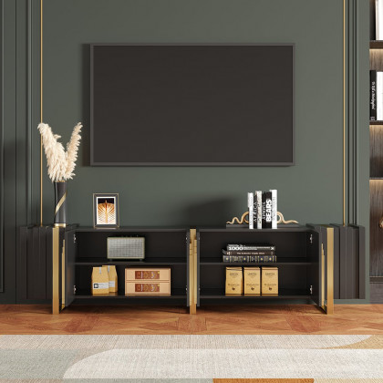 HMR - Aurea 78.7" Light Luxury TV Stand Black Rectangular with 4 Doors & 2 Shelves in Gold