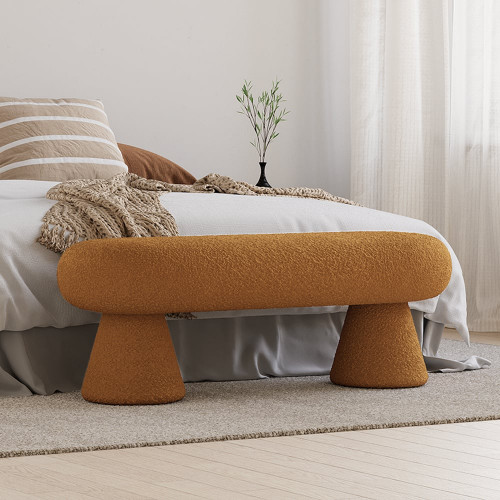 HMR - Modern Orange Boucle Bedroom Bench Upholstered Long Bench with 2 Legs