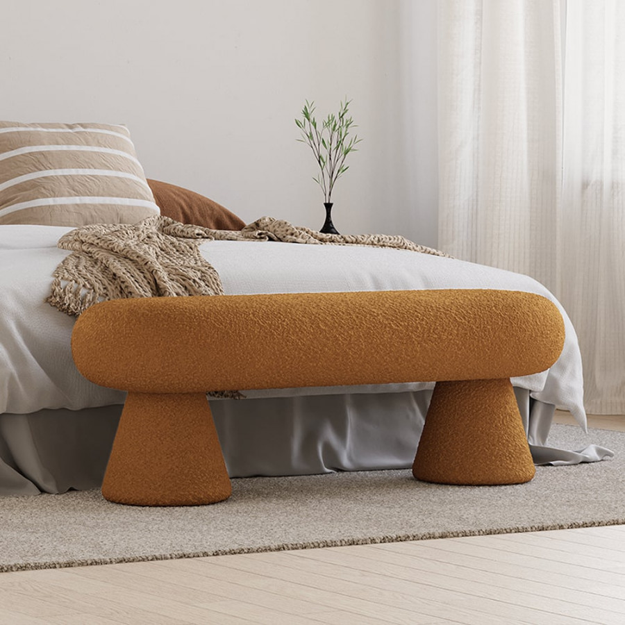 HMR - Modern Orange Boucle Bedroom Bench Upholstered Long Bench with 2 Legs
