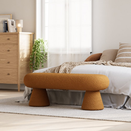 HMR - Modern Orange Boucle Bedroom Bench Upholstered Long Bench with 2 Legs