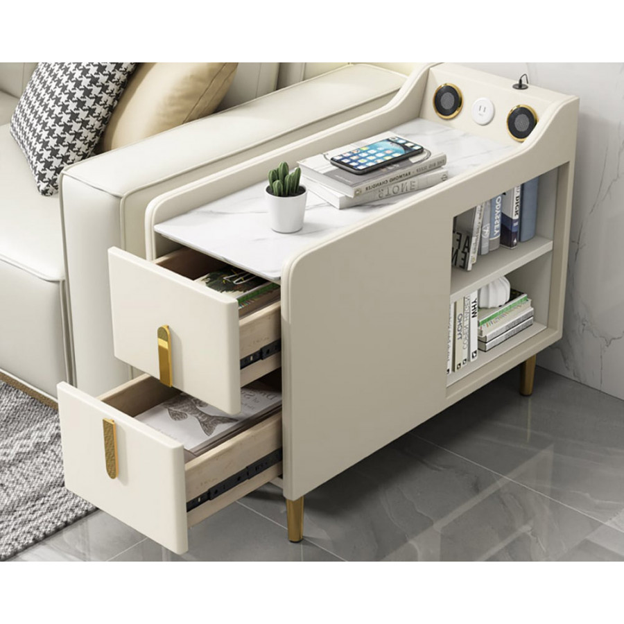 HMR Modern Multifunctional Narrow Side Table Sintered Stone Top End Table Speaker & USB Port - Beige