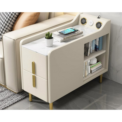 HMR Modern Multifunctional Narrow Side Table Sintered Stone Top End Table Speaker & USB Port - Beige