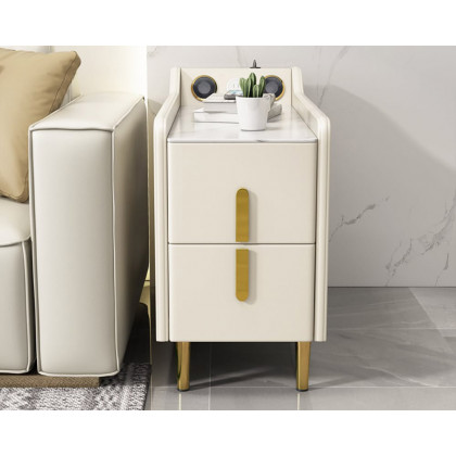 HMR Modern Multifunctional Narrow Side Table Sintered Stone Top End Table Speaker & USB Port - Beige