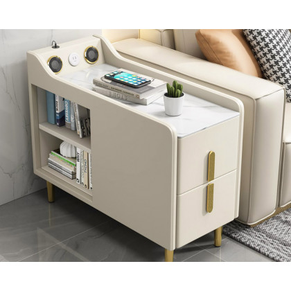 HMR Modern Multifunctional Narrow Side Table Sintered Stone Top End Table Speaker & USB Port - Beige