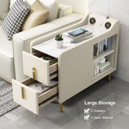 HMR Modern Multifunctional Narrow Side Table Sintered Stone Top End Table Speaker & USB Port - Beige