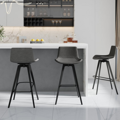 HMR - Linesly Series Set of 2 Mid-Century Modern Swivel PU Leather Bar Stools with Upholstery