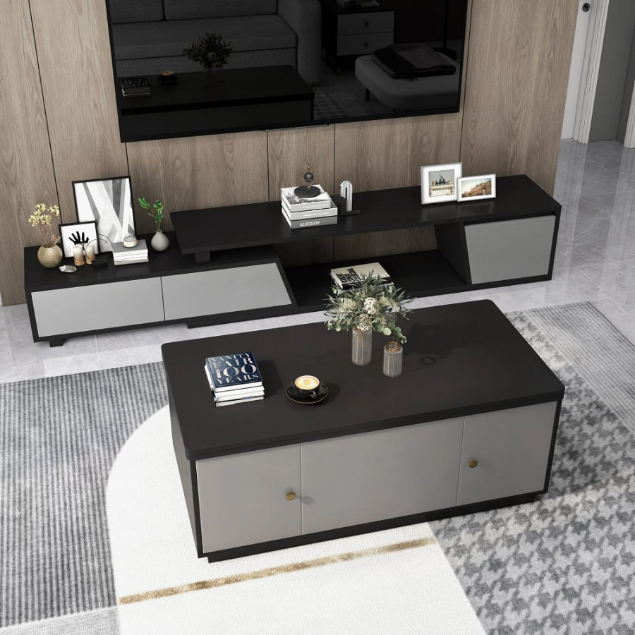 HMR - Set of 2 Gray Extendable 3 Drawers TV Stand & Lift-Top Coffee Table Set Up to 120"