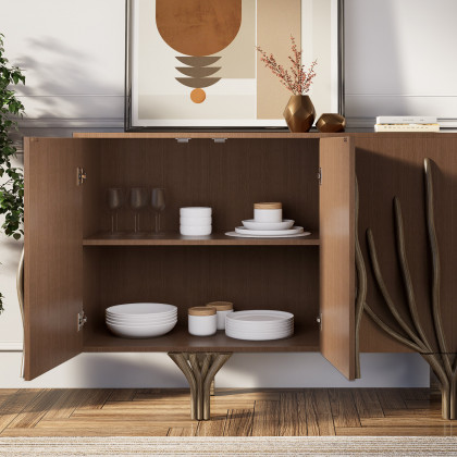 HMR - 63" Sideboard Branch Design Mid Century Modern Buffet with 2 Doors 2 Shelves