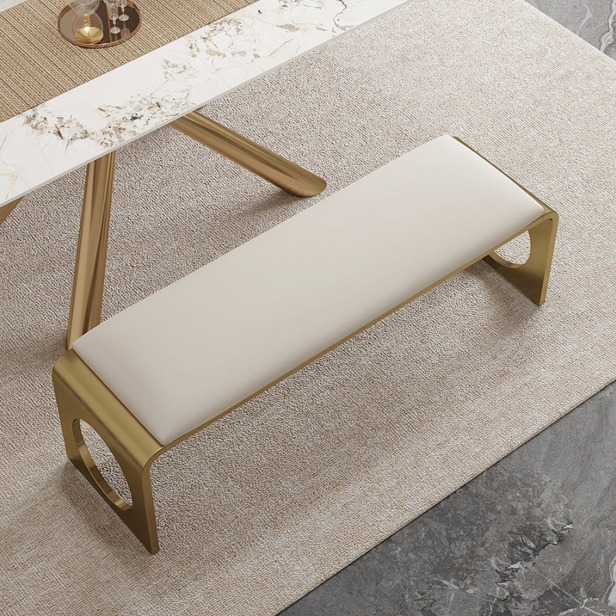 HMR - 55" Modern Dining Bench with Faux Leather Upholstery Off-White Seats 1-3 People