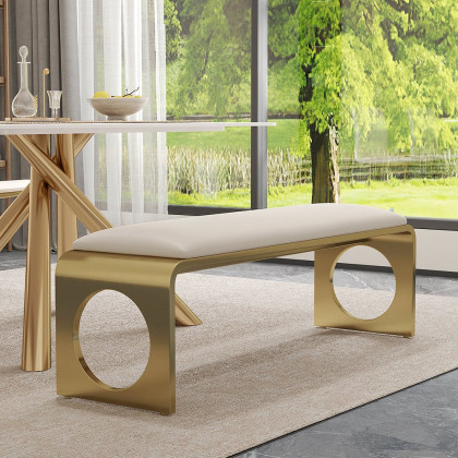 HMR - 55" Modern Dining Bench with Faux Leather Upholstery Off-White Seats 1-3 People