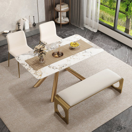 HMR - 55" Modern Dining Bench with Faux Leather Upholstery Off-White Seats 1-3 People