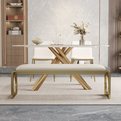 HMR - 55" Modern Dining Bench with Faux Leather Upholstery Off-White Seats 1-3 People