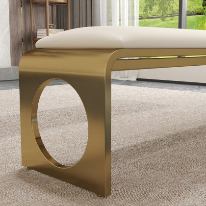 HMR - 55" Modern Dining Bench with Faux Leather Upholstery Off-White Seats 1-3 People