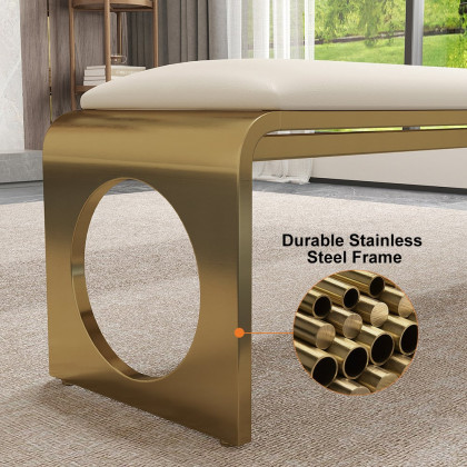 HMR - 55" Modern Dining Bench with Faux Leather Upholstery Off-White Seats 1-3 People