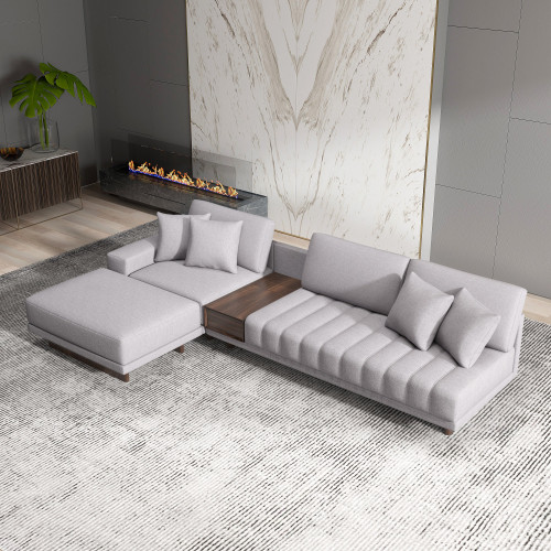 HMR 126" L-Shaped Modular Sectional with Chaise & Ottoman - Gray, Linen