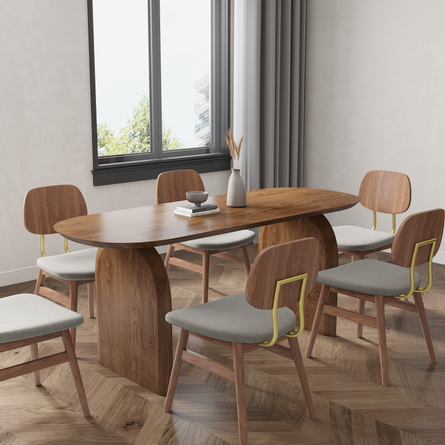 HMR Dining Set 70.9" Japandi Dining Table - Walnut, With 6 Chairs, Style C