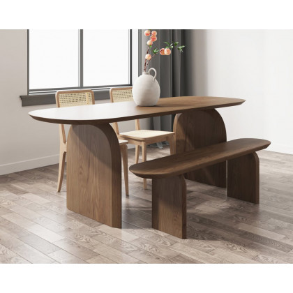HMR Tintica Series Japandi Oval Solid Wood Dining Bench Seats 1-2 People - Walnut, 59"