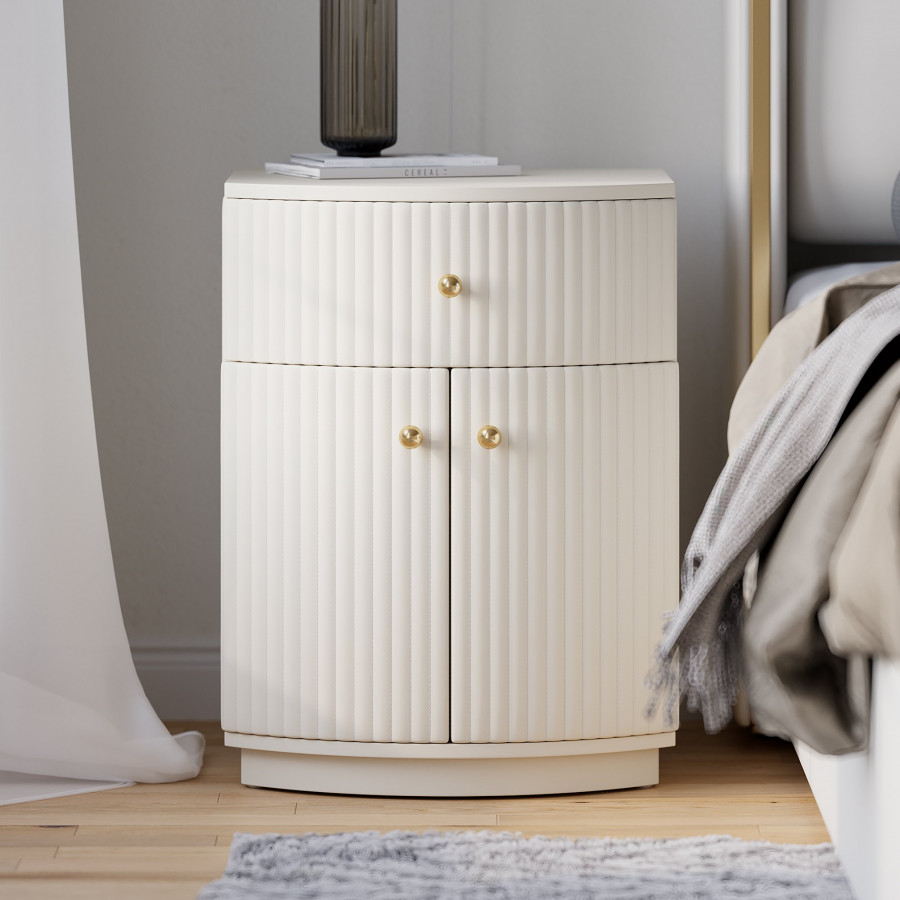 HMR - Modern Barrel White Fluted Nightstand in Faux Leather with Storage