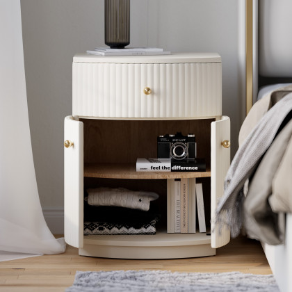 HMR - Modern Barrel White Fluted Nightstand in Faux Leather with Storage