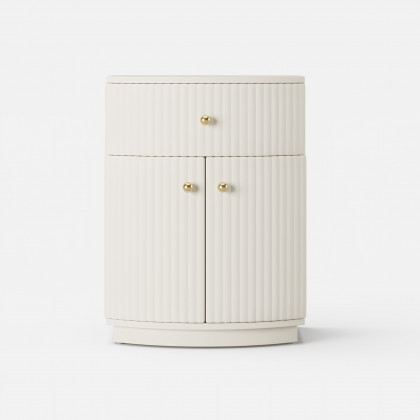 HMR - Modern Barrel White Fluted Nightstand in Faux Leather with Storage