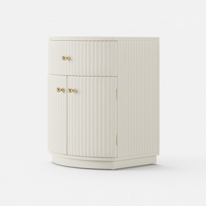 HMR - Modern Barrel White Fluted Nightstand in Faux Leather with Storage