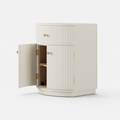 HMR - Modern Barrel White Fluted Nightstand in Faux Leather with Storage
