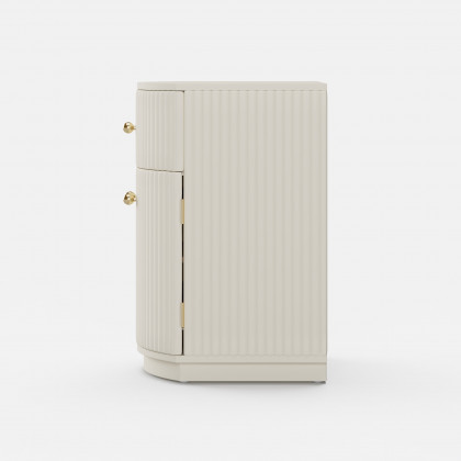 HMR - Modern Barrel White Fluted Nightstand in Faux Leather with Storage