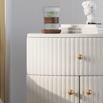 HMR - Modern Barrel White Fluted Nightstand in Faux Leather with Storage