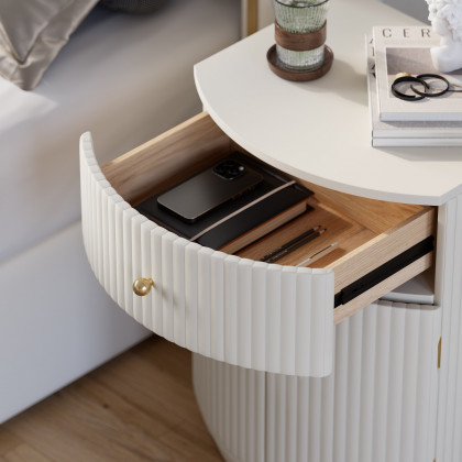 HMR - Modern Barrel White Fluted Nightstand in Faux Leather with Storage